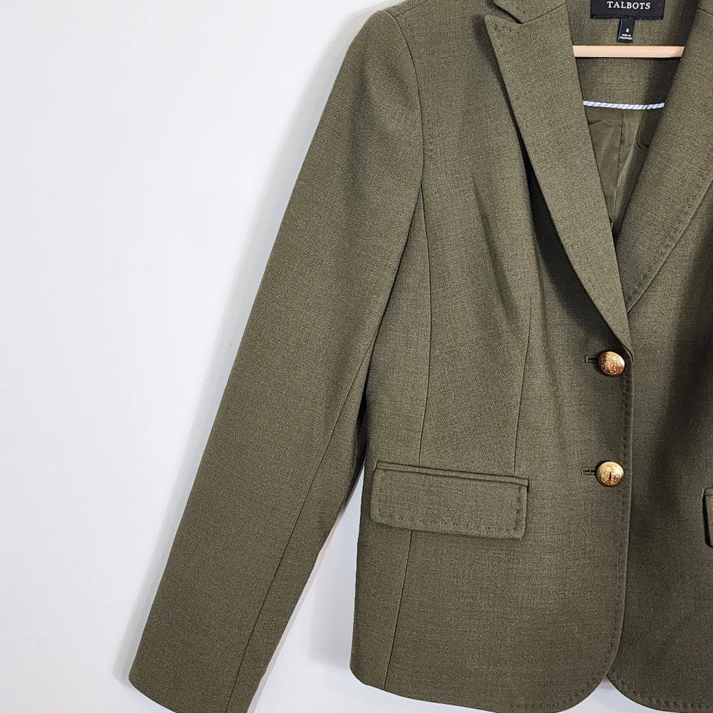 EUC Talbots Olive Green Wool Blend Fitted Stretch Blazer Gold Button Size 4 - Picture 5 of 11